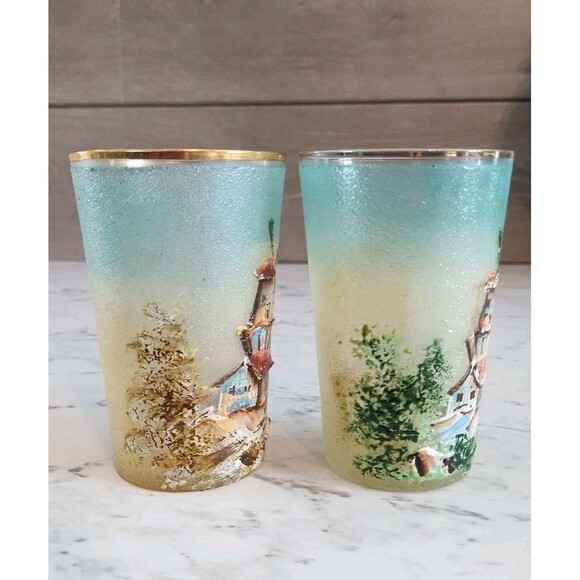 Vintage Juice Glasses Hand Painted Windmill In Seasons Gold Trim Textured Dutch - Picture 3 of 6